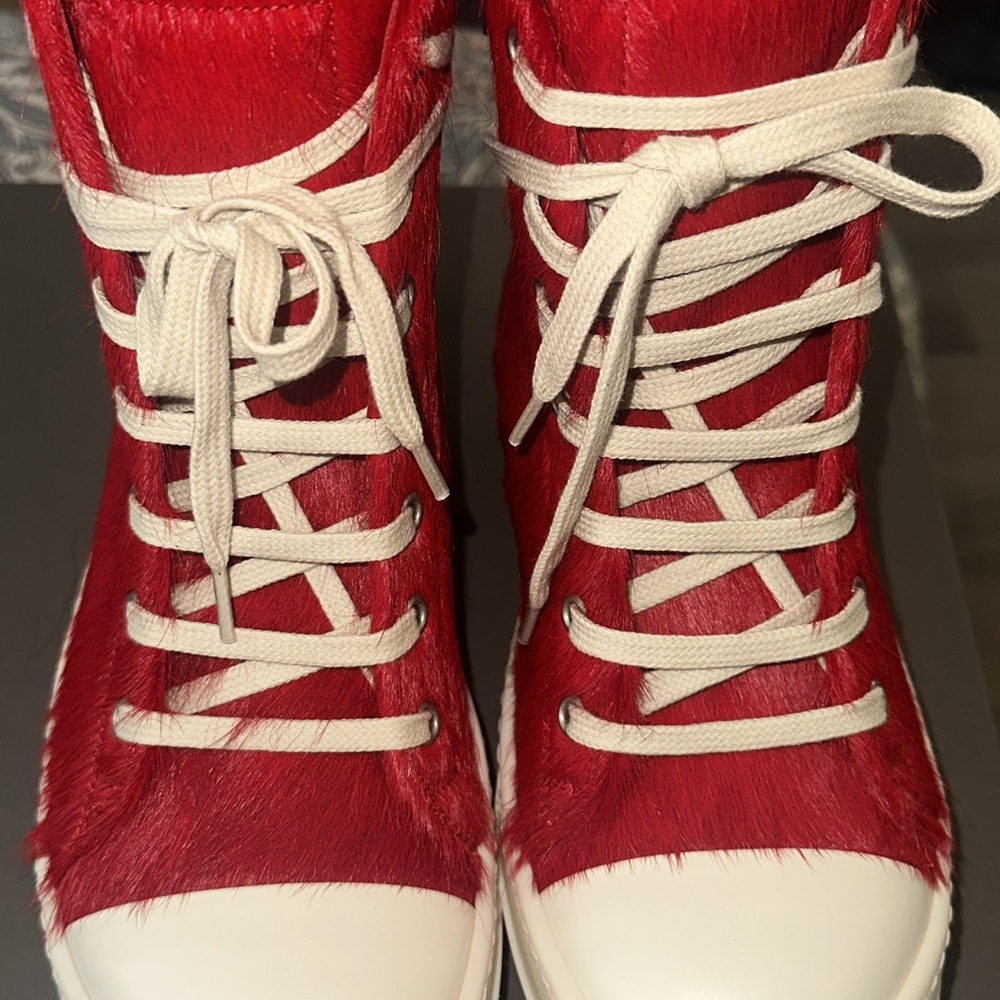 Rick Owens Red and White High-Top Sneakers